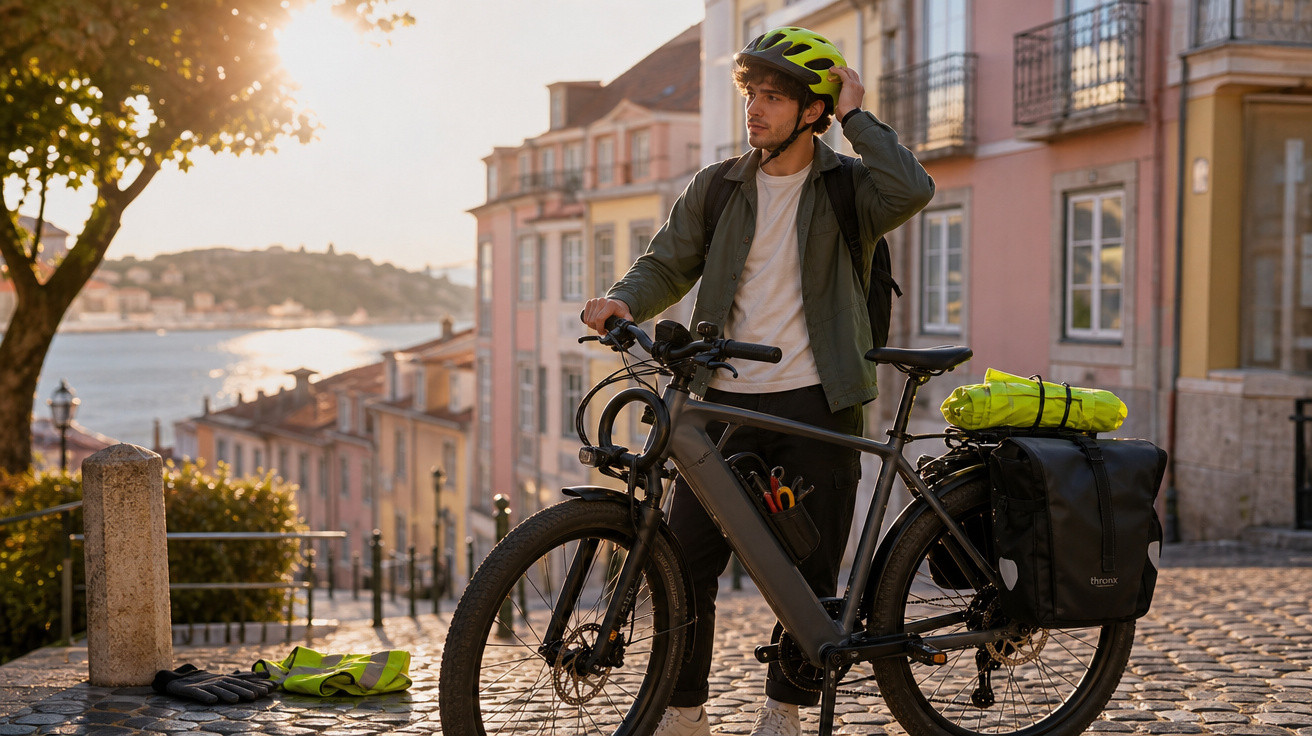 Jovem com capacete e mochila ajeita capacete ao lado de bicicleta elétrica em rua de paralelepípedo ao pôr do sol.