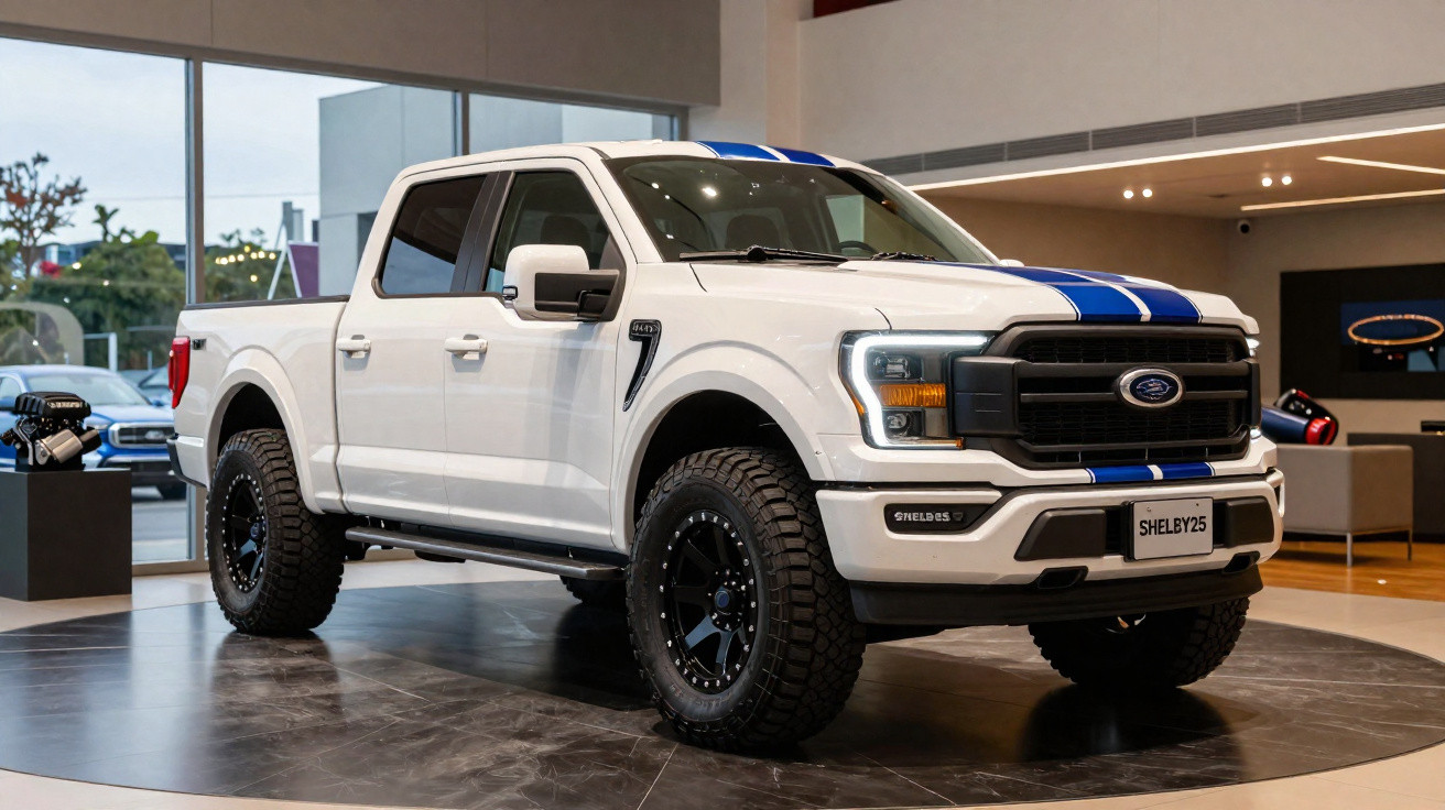 Picape branca Ford Shelby com faixa azul em exposição dentro de showroom moderno.