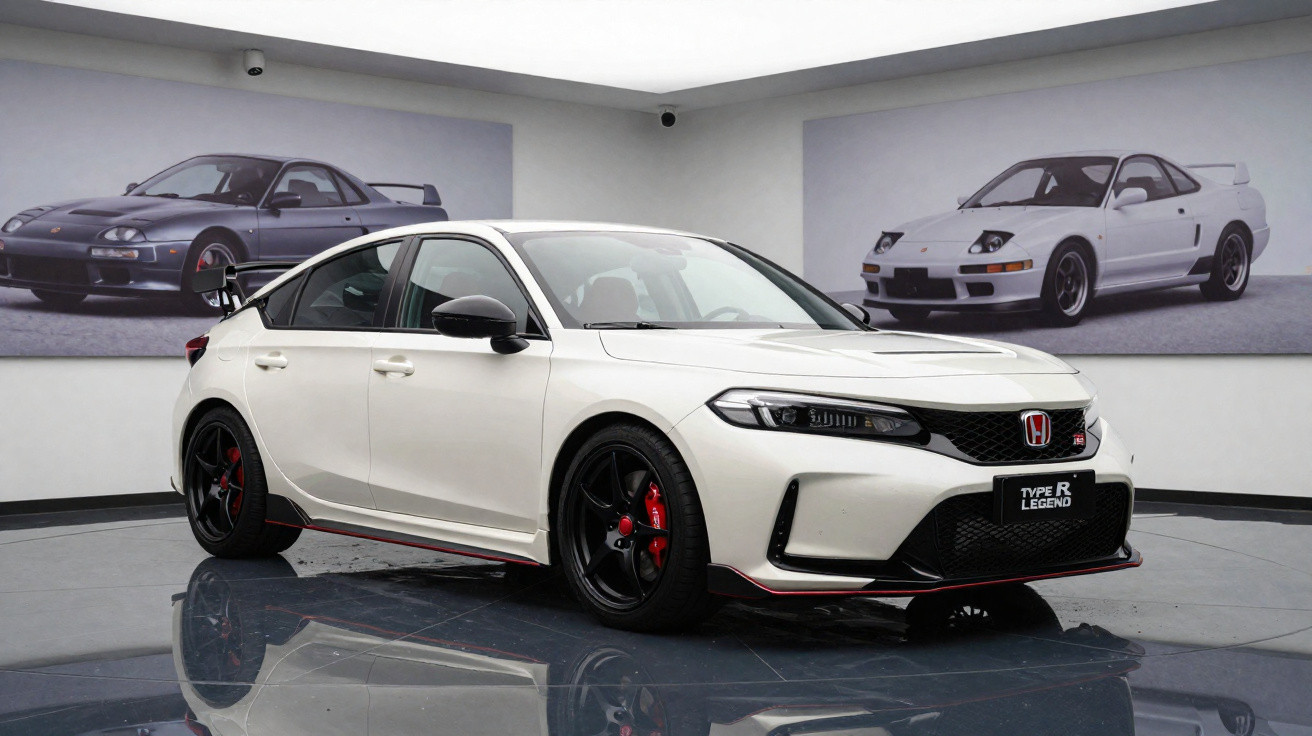 Carro Honda Civic Type R branco exibido em sala com duas pinturas de carros esportivos ao fundo.