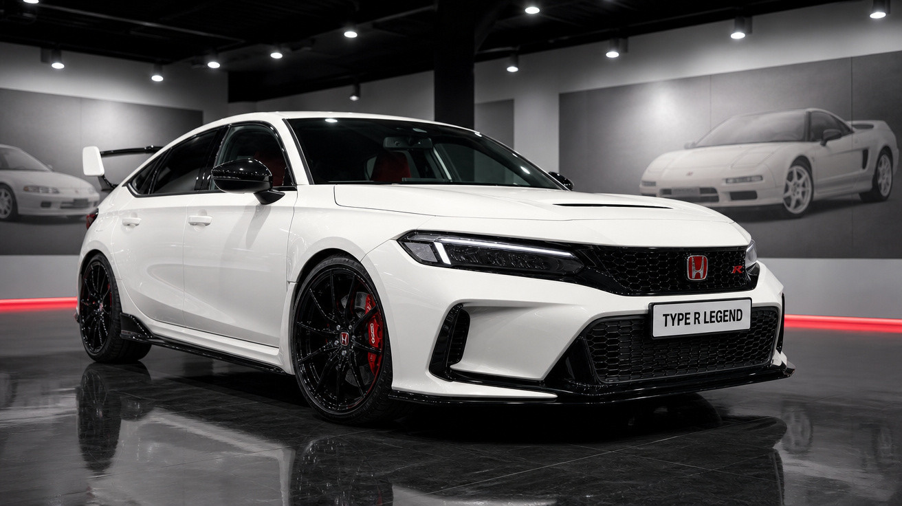 Honda Civic Type R branco estacionado em ambiente interno com rodas pretas e detalhes em vermelho.