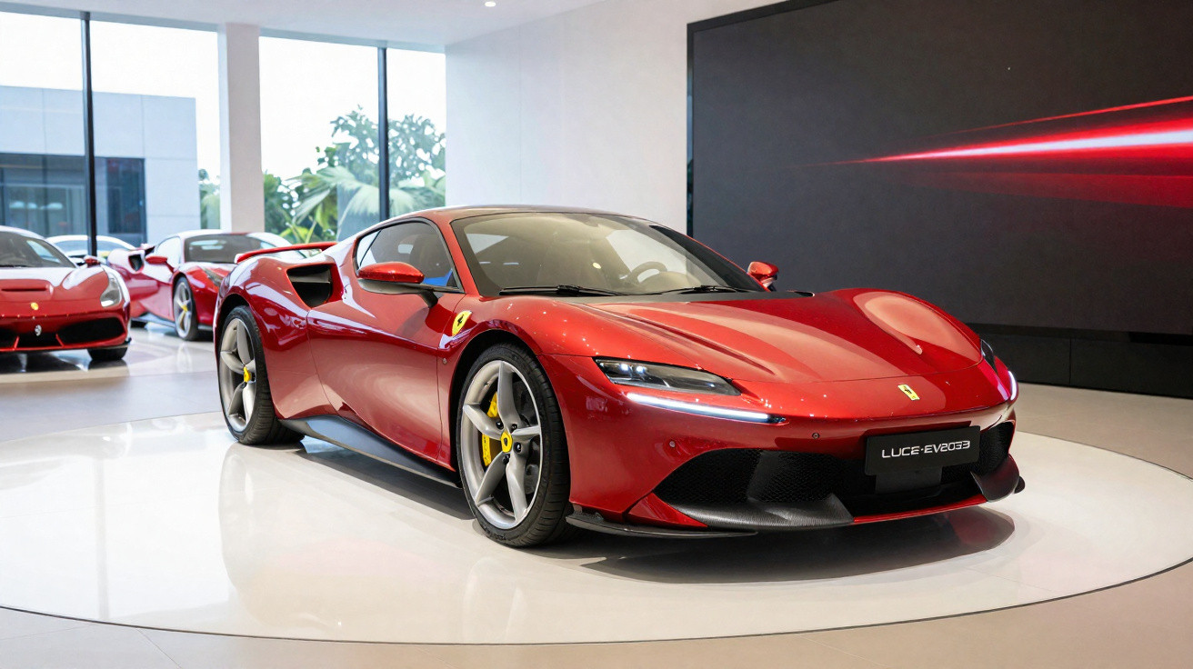 Carro esportivo Ferrari vermelho em destaque dentro de showroom moderno e iluminado.