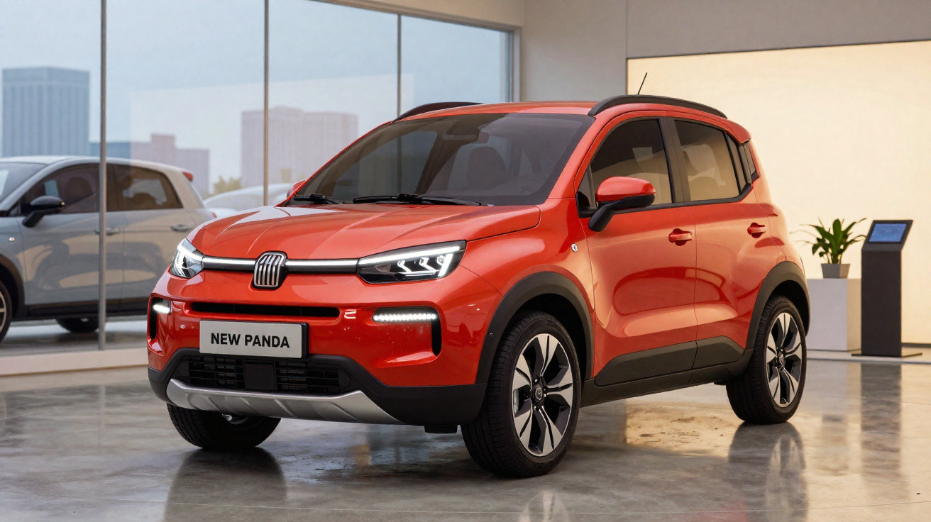 Carro compacto SUV Fiat New Panda vermelho exibido em showroom moderno com grandes janelas.