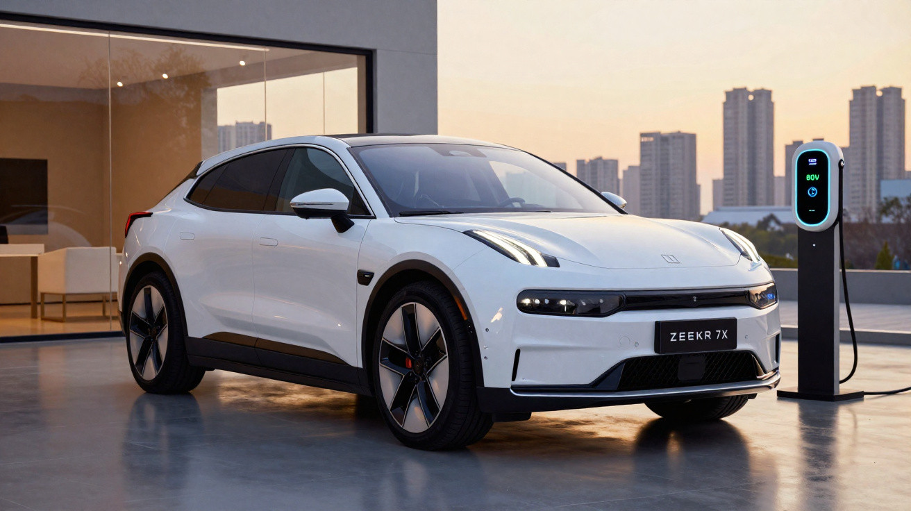 Carro elétrico branco estacionado ao lado de estação de carregamento com edifícios ao fundo.
