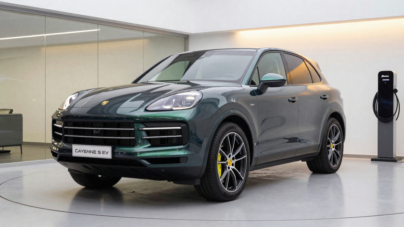Carro elétrico Porsche Cayenne S EV verde escuro em exposição com carregador na parede branca.
