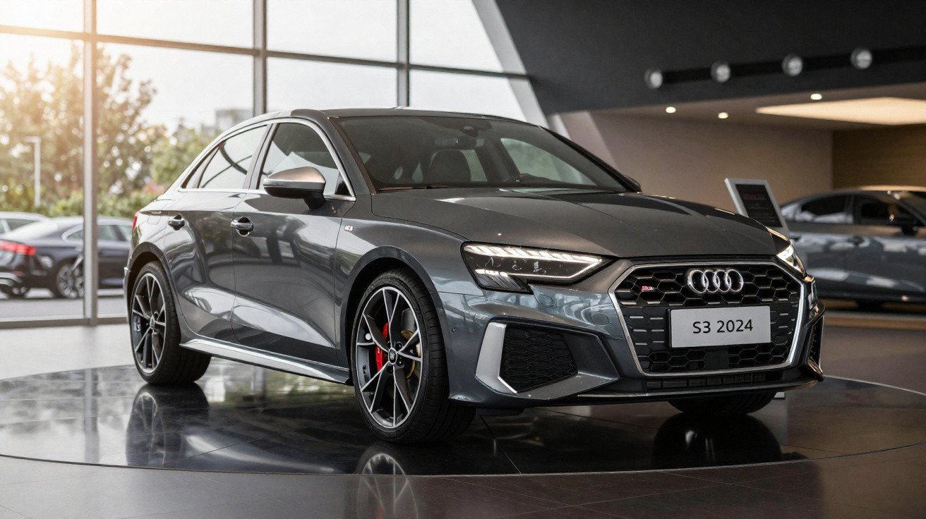 Audi S3 2024 cinza exposto em showroom moderno com luz natural e painel preto elegante.