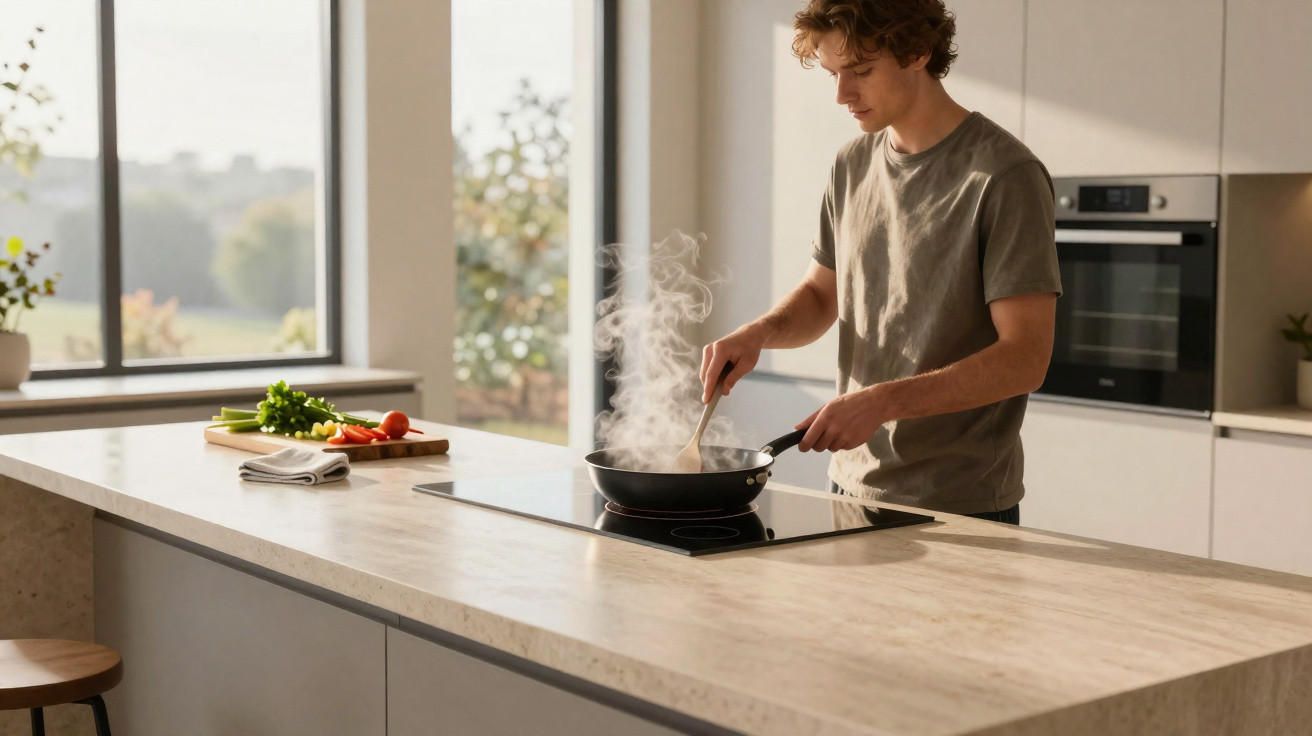 Jovem cozinhando em fogão elétrico numa cozinha moderna com bancada clara e janela grande.