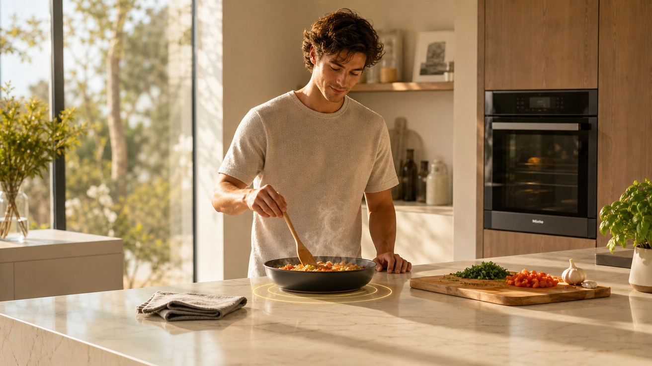 Homem cozinhando em fogão elétrico em cozinha moderna com vegetais picados em bancada de mármore.
