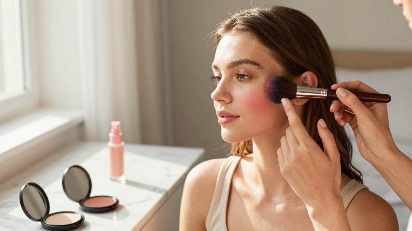 Mulher recebendo aplicação de blush com pincel em ambiente iluminado natural.