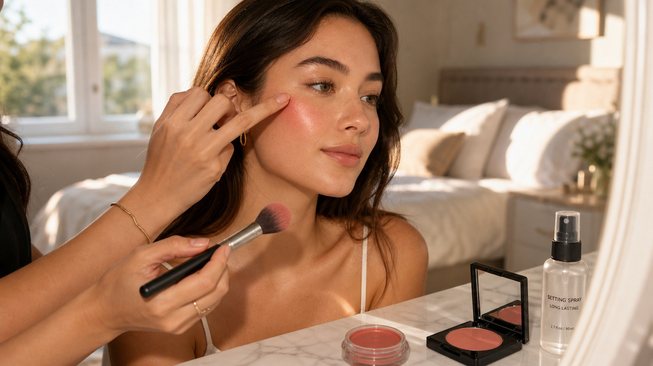 Mulher aplicando blush com pincel em seu rosto diante de espelho em ambiente iluminado.