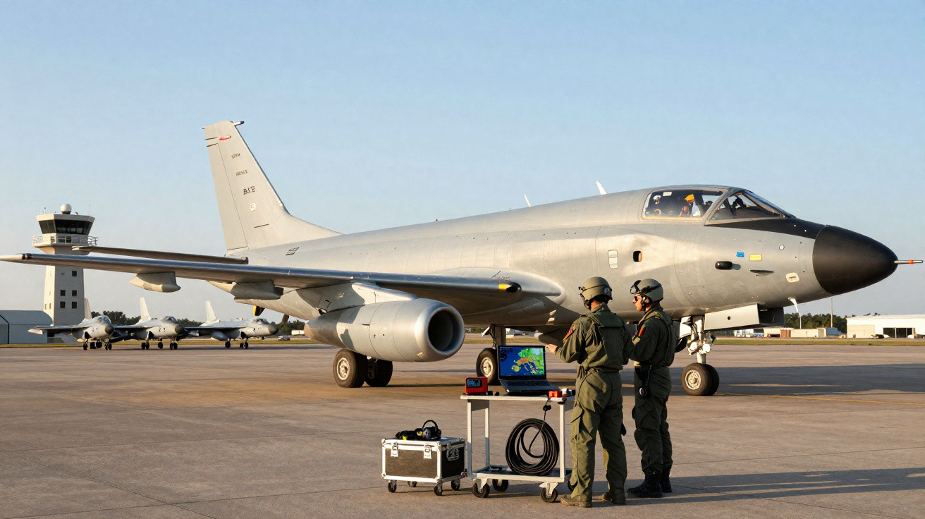 Dois militares de uniforme verde conversam ao lado de um avião militar cinza estacionado em pista de aeroporto.