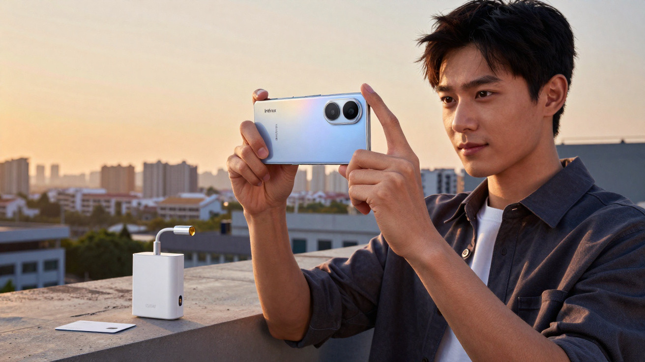 Homem usando celular para tirar foto no terraço ao pôr do sol, com carregador branco ao lado.