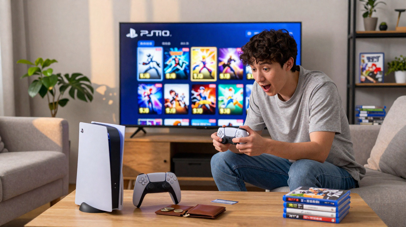 Homem animado jogando videogame em console moderno com TV e controle na sala de estar.