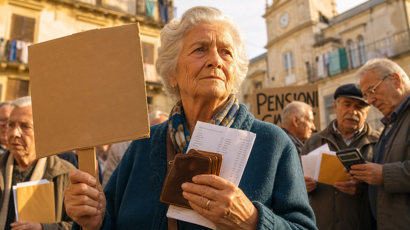 Idosa segurando cartaz em branco e documentos durante protesto de aposentados por melhores pensões.