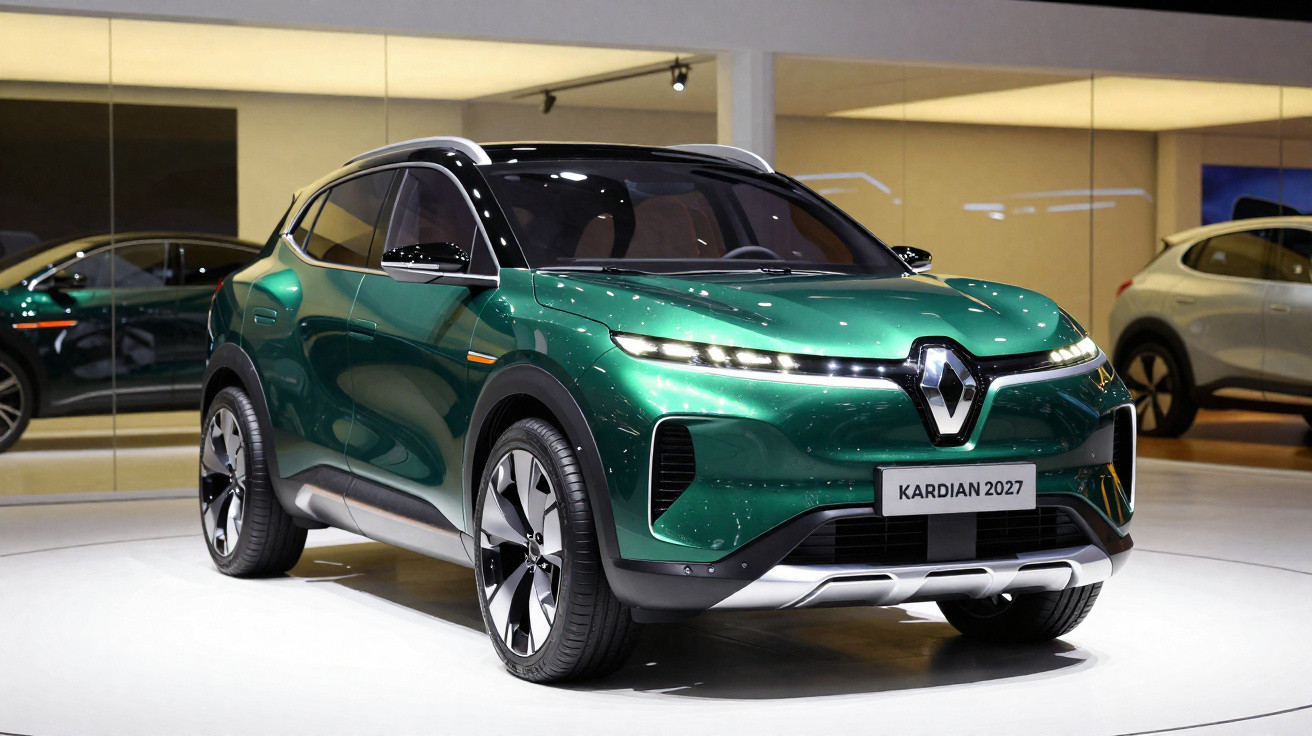 SUV elétrico verde Renault Kardian 2027 apresentado em estande moderno com espelho ao fundo.