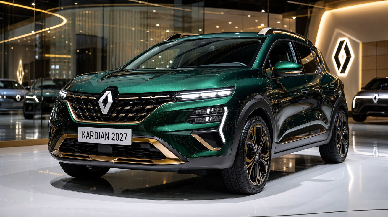 Carro SUV verde escuro Renault Kardian 2027 exposto em showroom moderno com iluminação sofisticada.