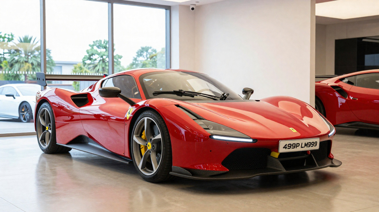 Carro esportivo vermelho Ferrari estacionado em ambiente interno com iluminação natural e outro carro ao fundo.