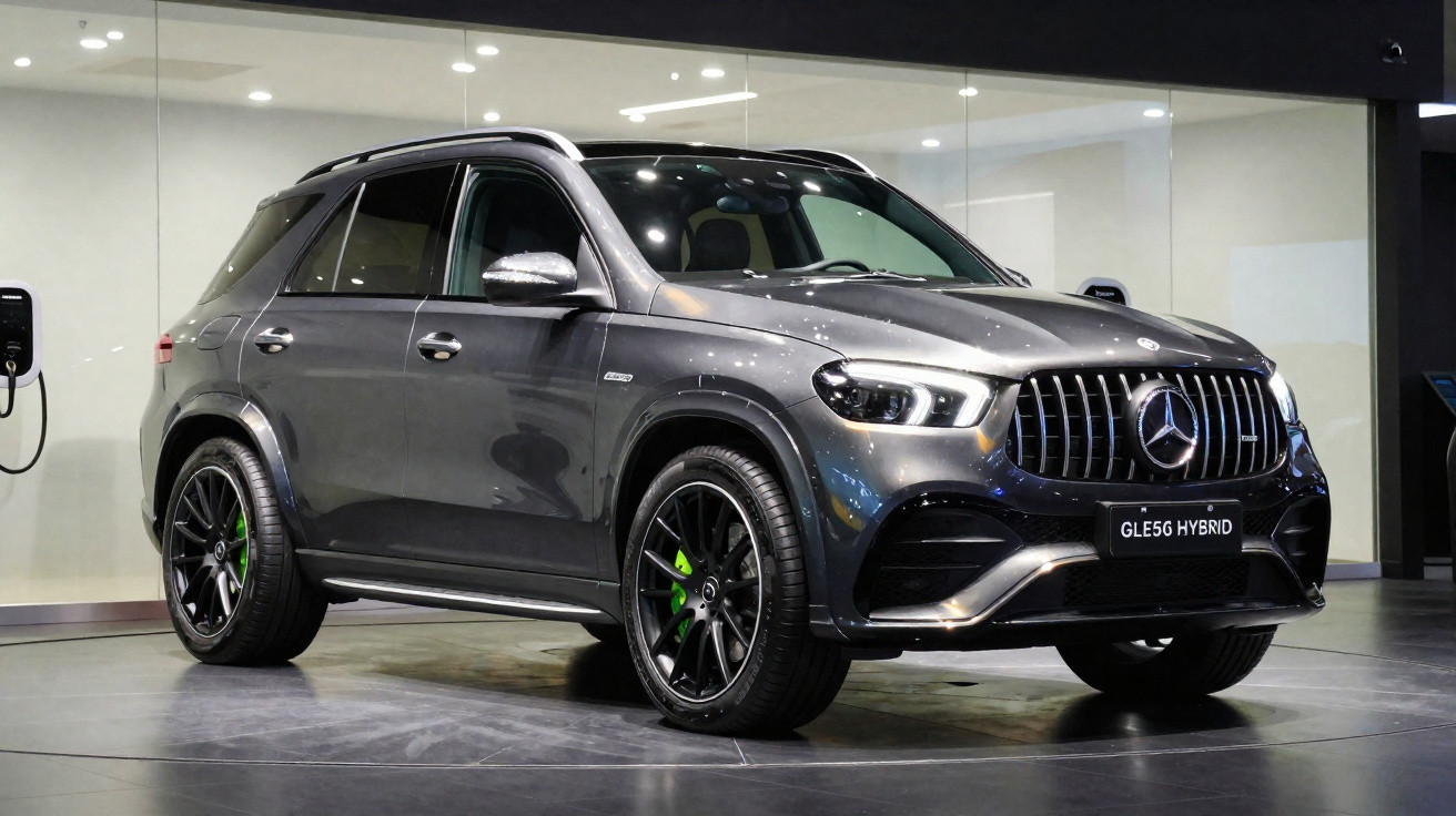 SUV cinza Mercedes-Benz GLE 63 Hybrid estacionado em ambiente interno moderno.