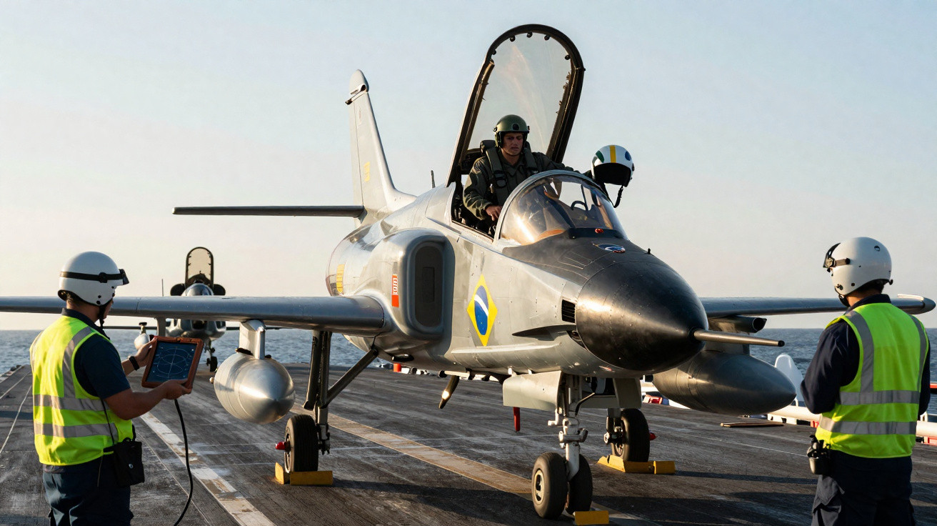 Aeronave militar com piloto no convés de um navio, com três tripulantes em coletes refletivos ao redor.