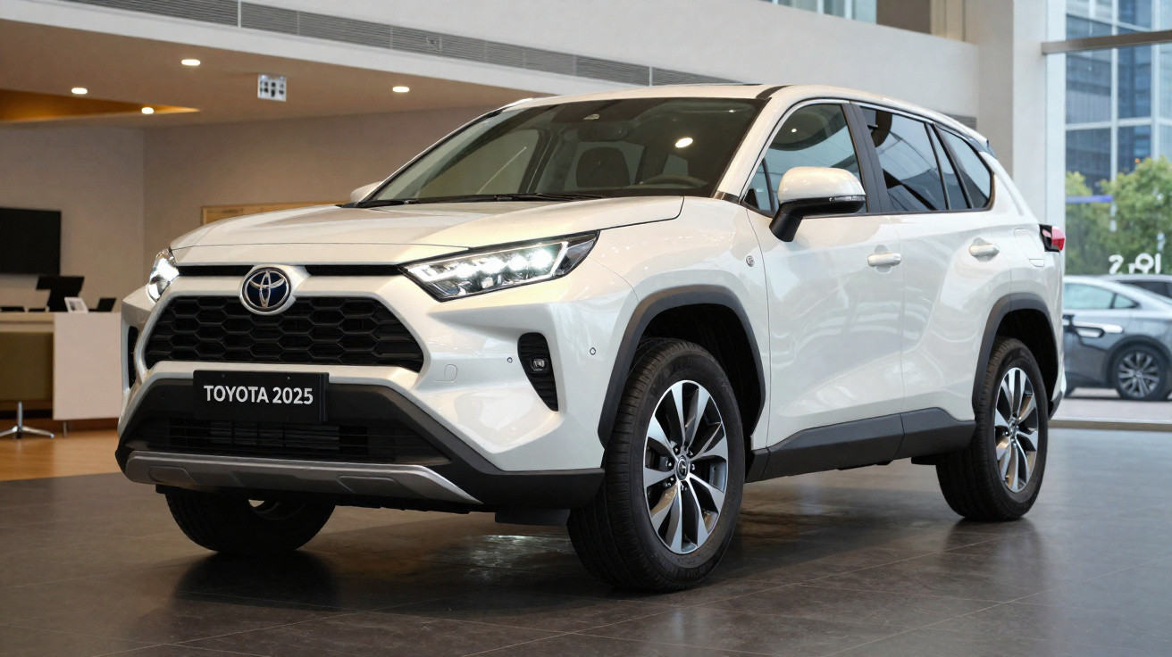 Carro SUV Toyota branco 2025 exibido em showroom moderno com piso cinza.