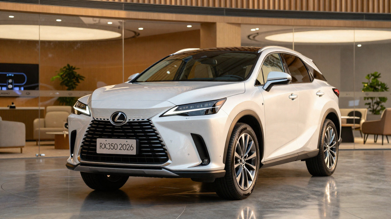 Carro SUV branco Lexus RX 350 2026 estacionado em ambiente interno moderno com piso brilhante.