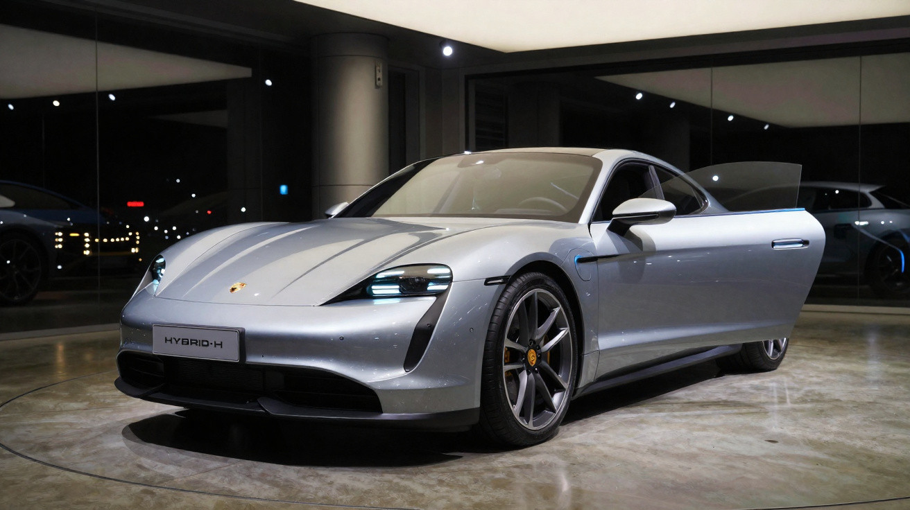 Carro esportivo prata Porsche modelo híbrido em exposição com porta do motorista aberta em ambiente moderno.