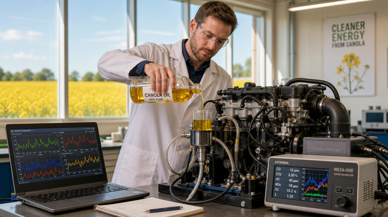 Homem em laboratório despeja óleo de canola em motor diesel para teste de eficiência energética.