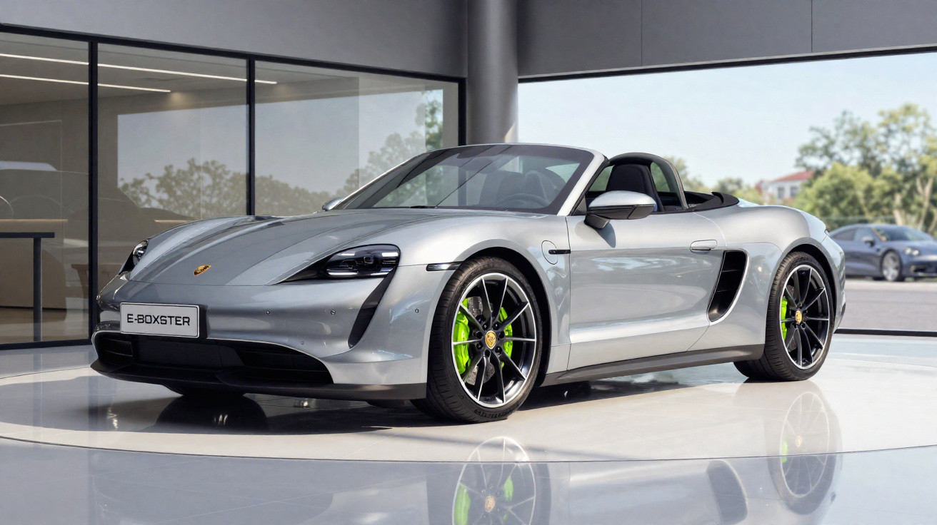 Carro conversível esportivo prata Porsche E-Boxster em showroom moderno com rodas pretas e detalhes verdes.