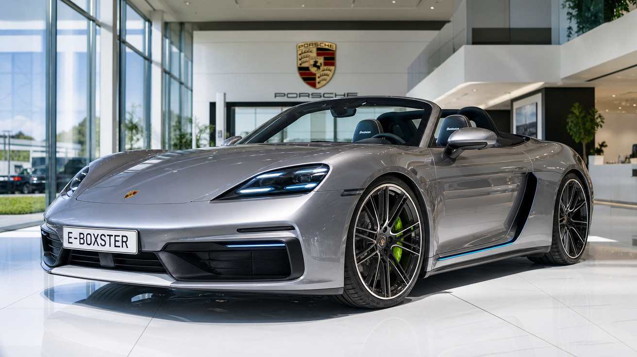 Carro conversível esportivo Porsche E-Boxster prata em showroom moderno com logo Porsche ao fundo.