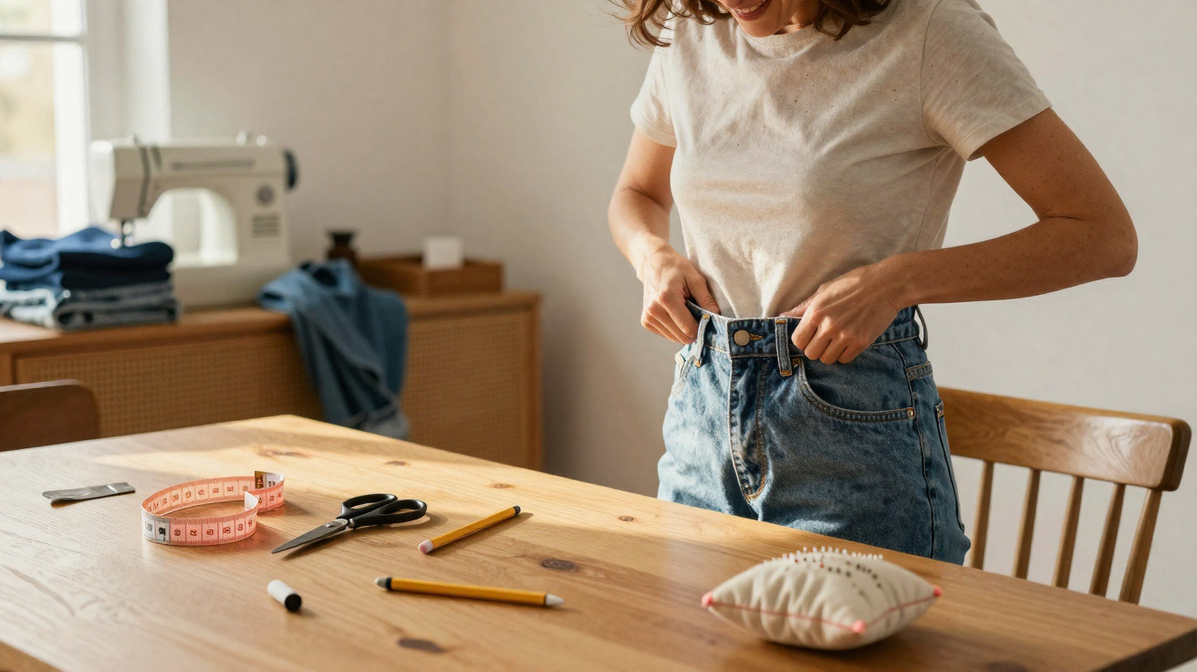 Mulher sorridente vestindo calça jeans com mesa de costura, fita métrica, tesoura e lápis à frente.
