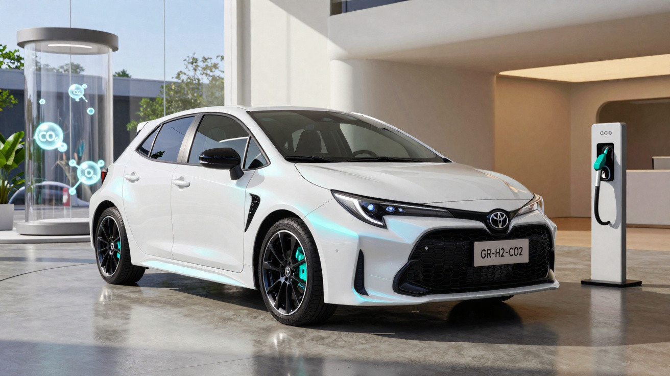 Carro branco Toyota elétrico estacionado em estação de recarga moderna com símbolos de CO2 ao fundo.