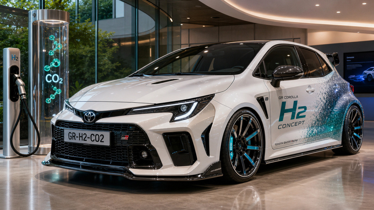 Carro conceito Toyota GR Corolla H2 branco em exposição interna ao lado de bomba de combustível de hidrogênio.