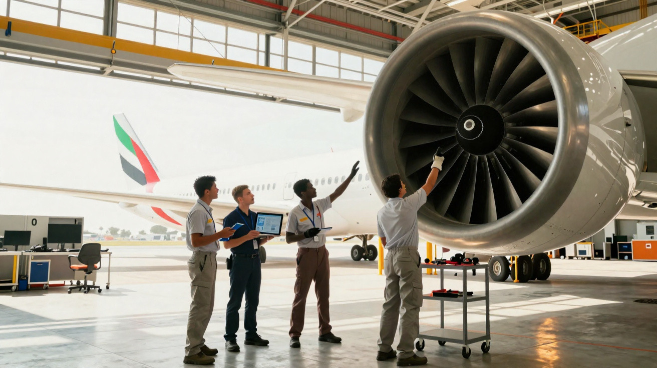 Quatro técnicos inspecionam motor de avião em hangar de manutenção com avião ao fundo.