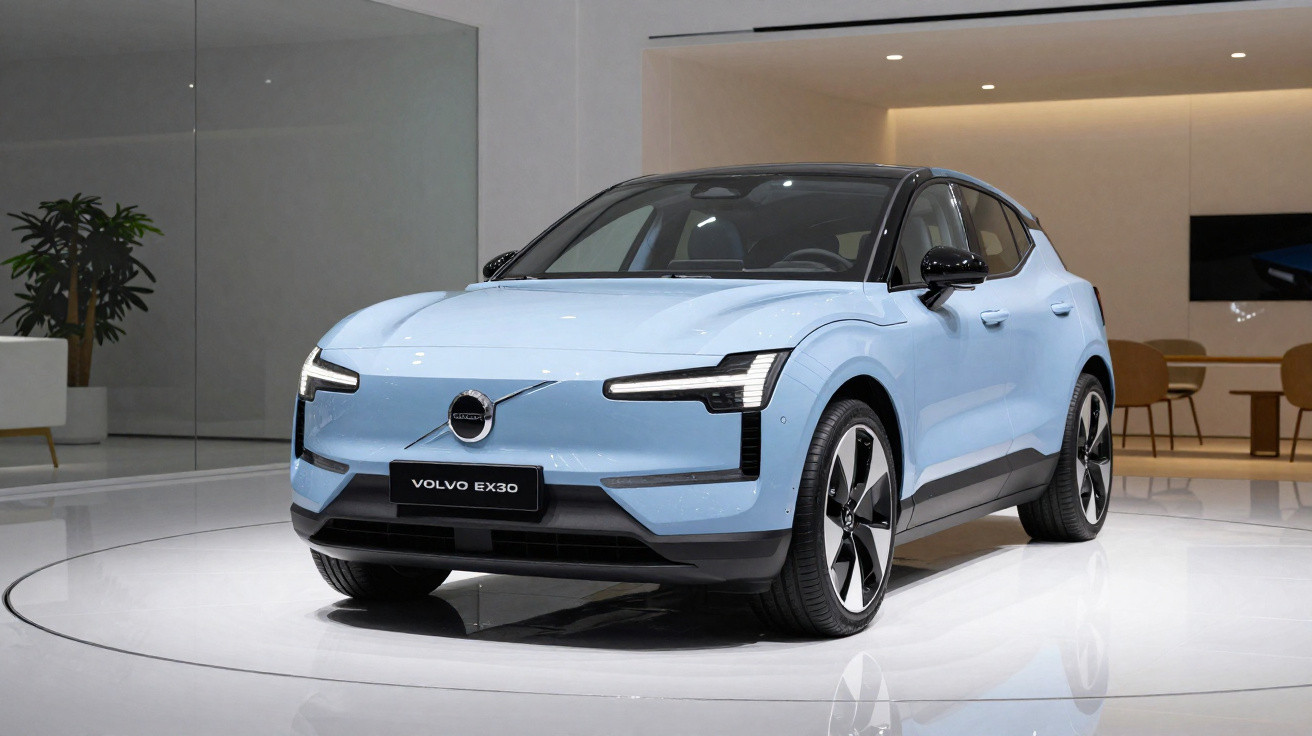 Carro elétrico Volvo EX30 azul claro exibido em ambiente moderno e iluminado.