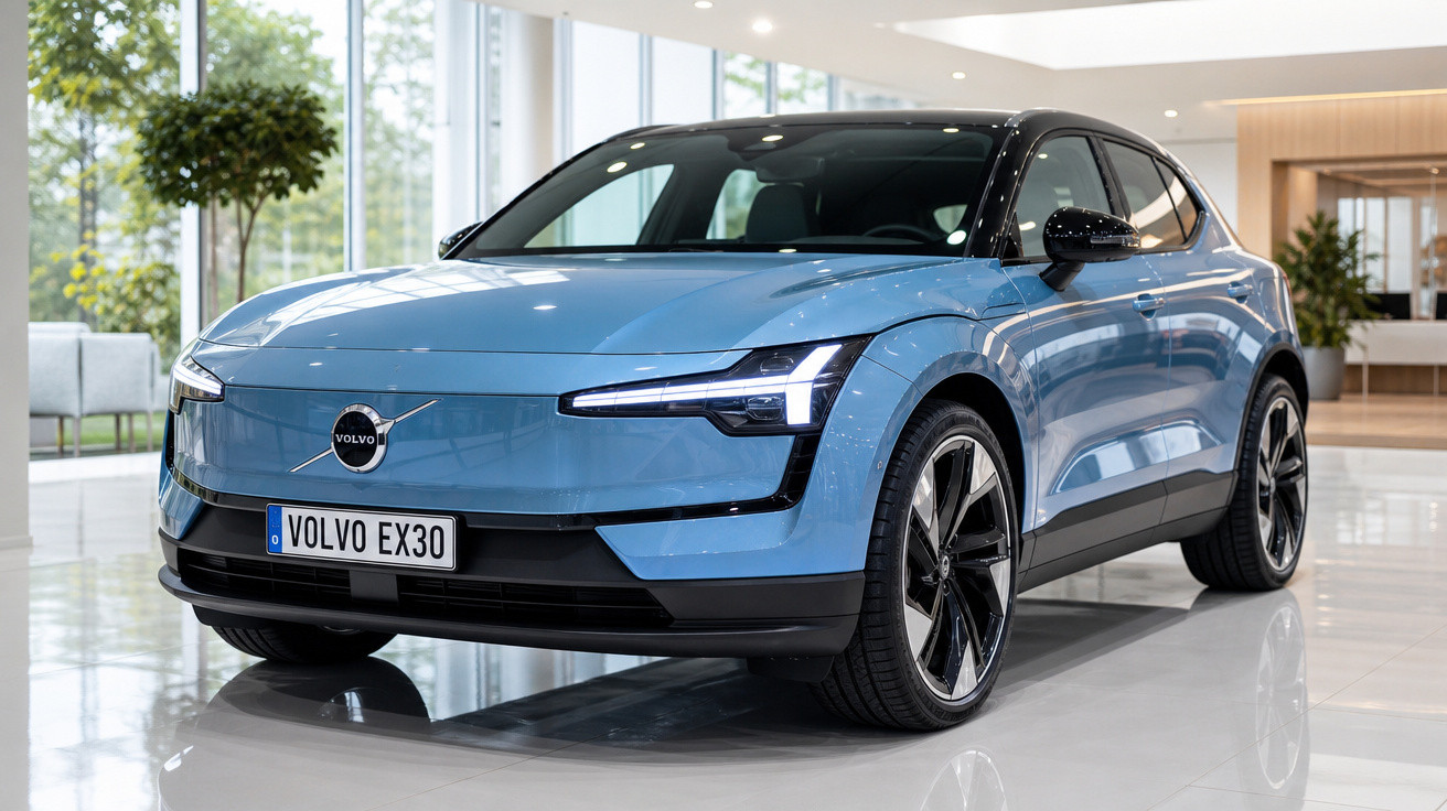 Carro elétrico Volvo EX30 azul exibido em showroom moderno com piso branco brilhante.