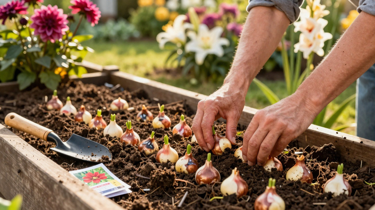 Mãos plantando bulbos de flores em canteiro de madeira, com flores coloridas ao fundo.