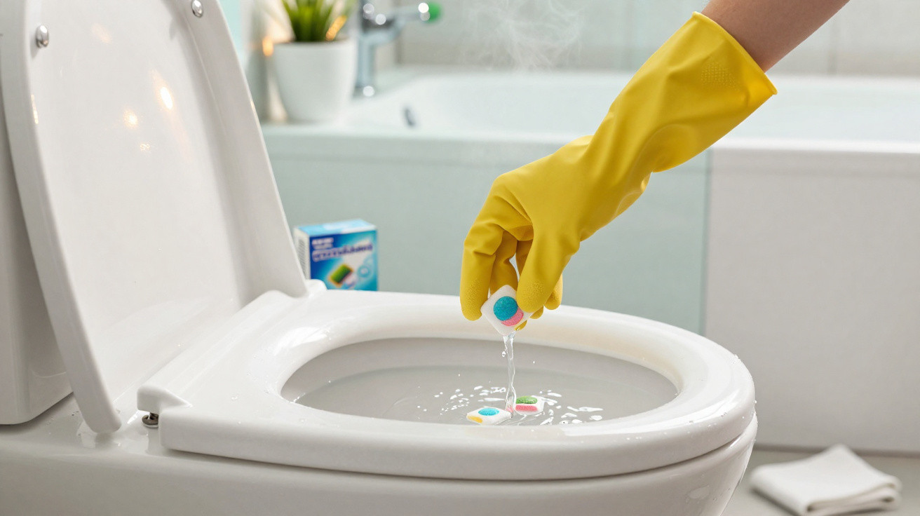 Mão com luva amarela colocando pastilha para limpeza dentro de vaso sanitário branco.