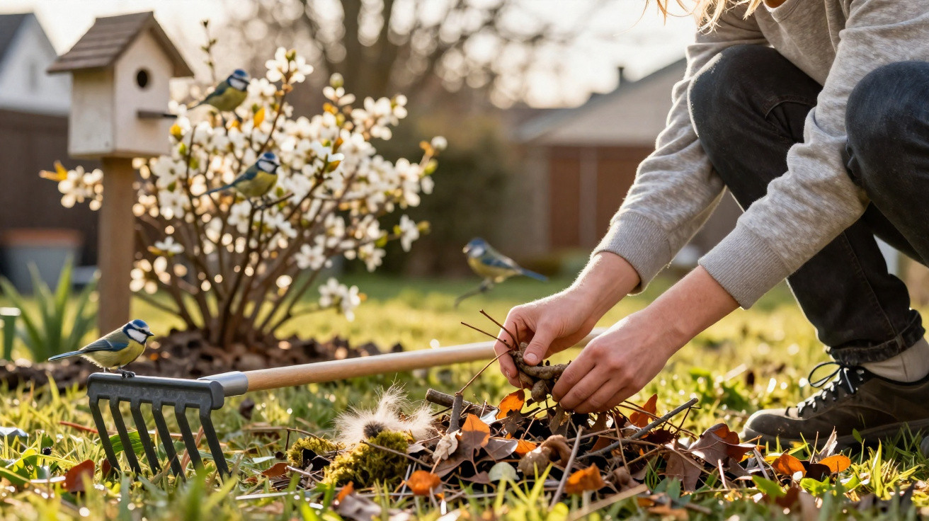 Pessoa cultivando plantas no jardim com pássaros azuis e flor branca ao fundo.