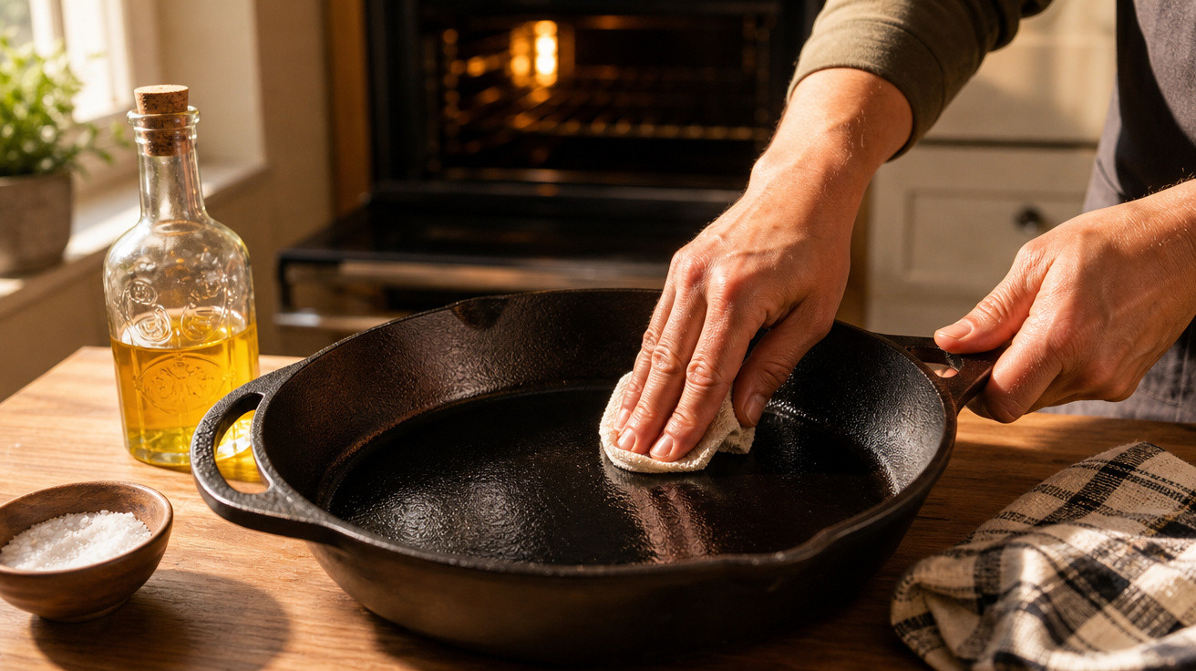 Pessoa limpando frigideira de ferro com pano, ao lado azeite e sal em recipiente na cozinha iluminada.