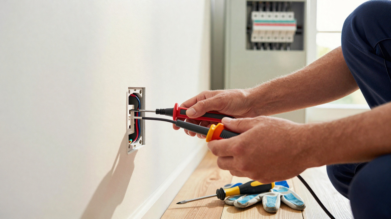 Mão de eletricista usando chave de teste para trabalhar em tomada elétrica na parede de casa.