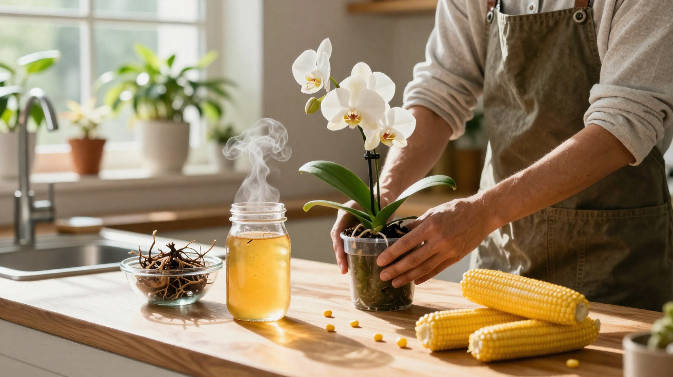 Pessoa cuidando de orquídea branca em vaso, com jarra de chá quente, milho e plantas na bancada da cozinha.