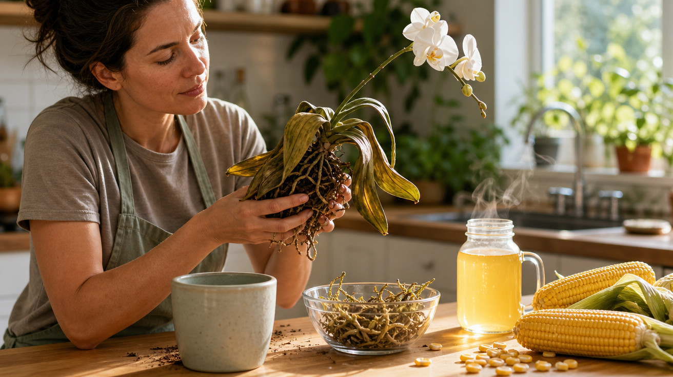 Mulher segurando orquídea com raízes expostas em cozinha iluminada por luz natural.