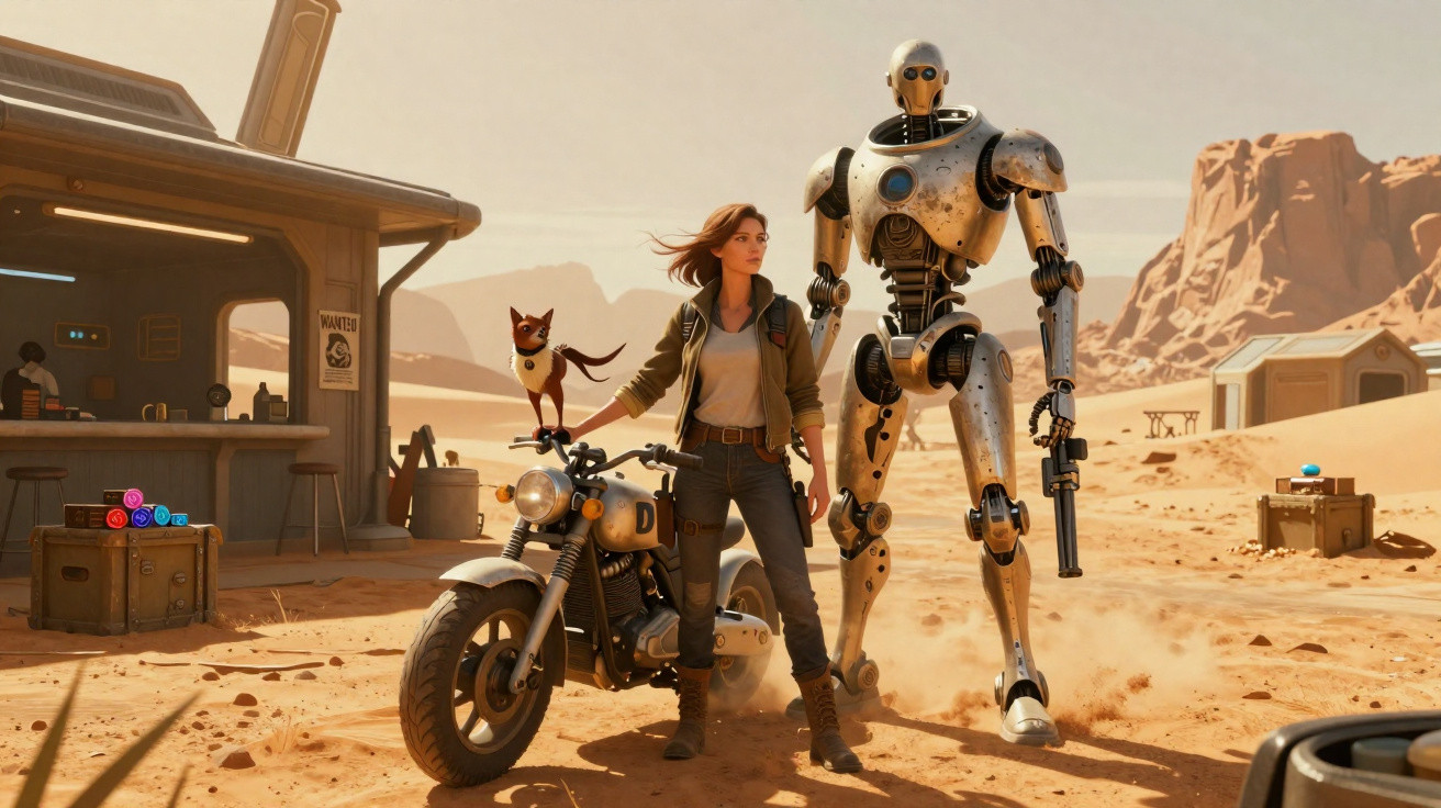 Mulher com gato em moto ao lado de robô gigante em paisagem desértica com montanhas ao fundo.