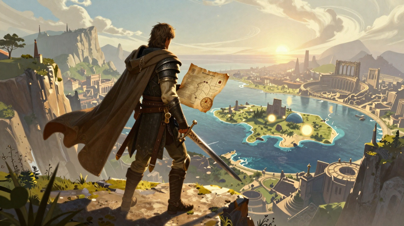 Cavaleiro de capa e armadura observa mapa e paisagem com rio, ilha e construções ao pôr do sol.