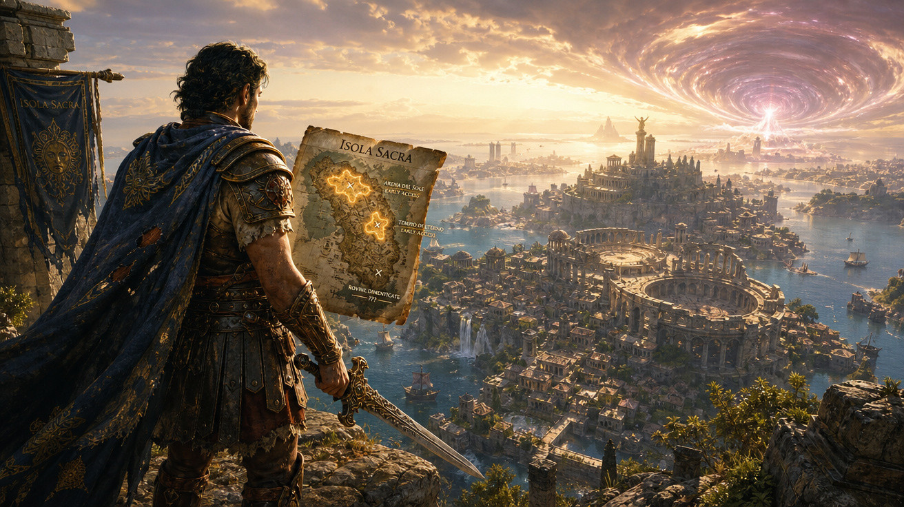 Homem romano com armadura observa mapa e cidade antiga com anfiteatro e estátuas ao pôr do sol.