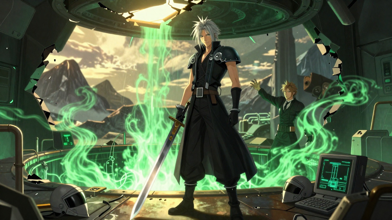 Personagem com espada em ambiente futurista com fumaça verde e segunda pessoa ao fundo acenando.
