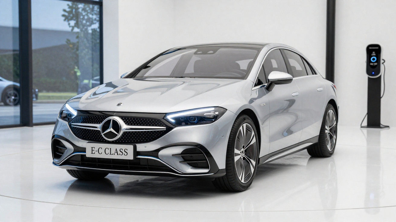 Carro prata Mercedes-Benz E-C Class elétrico em showroom com estação de recarga ao fundo.