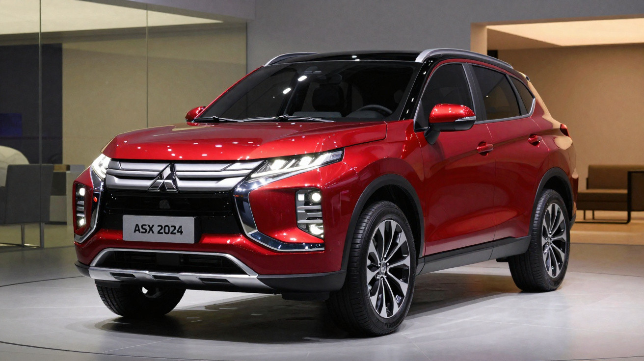 SUV vermelho Mitsubishi ASX 2024 em exibição em ambiente interno moderno.