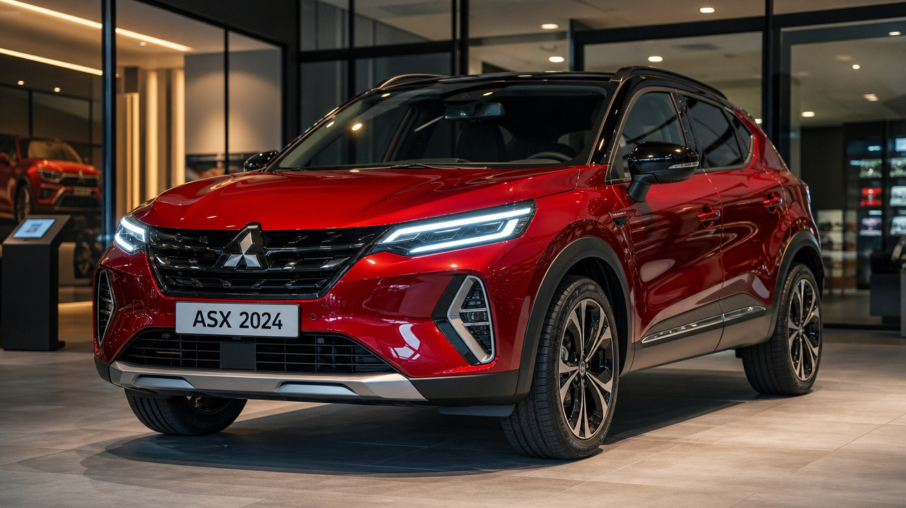 SUV vermelho Mitsubishi ASX 2024 em exposição interna com iluminação moderna e detalhes em preto.