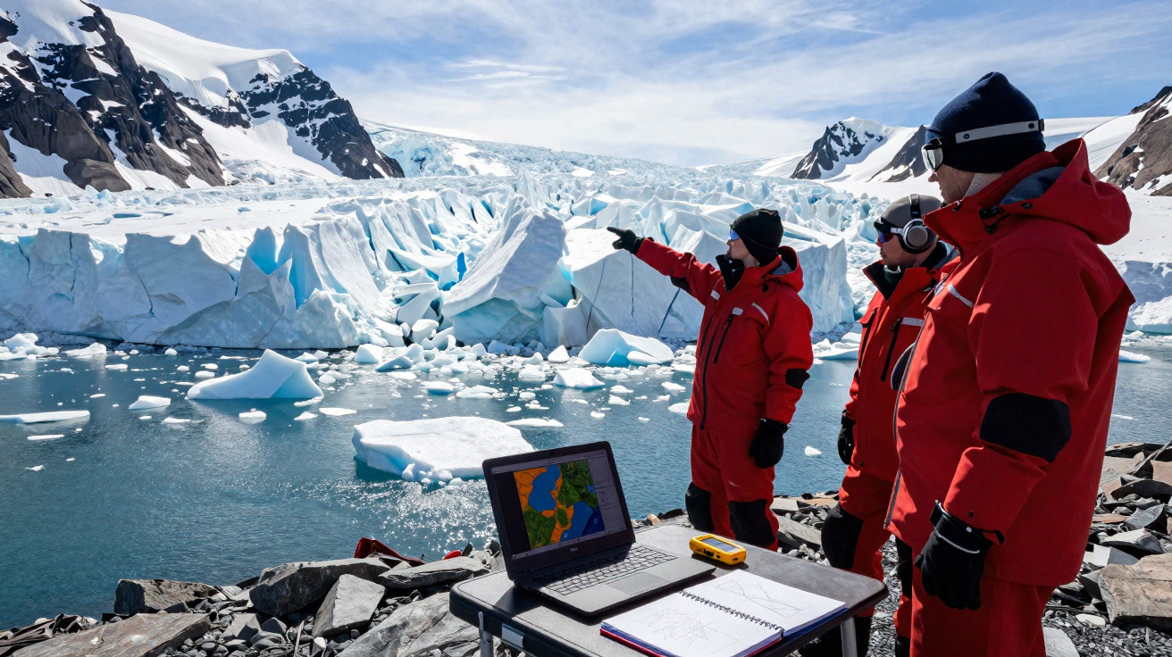 Três pesquisadores em roupas vermelhas observam um glaciar e icebergues em ambiente gelado com laptop e caderno.