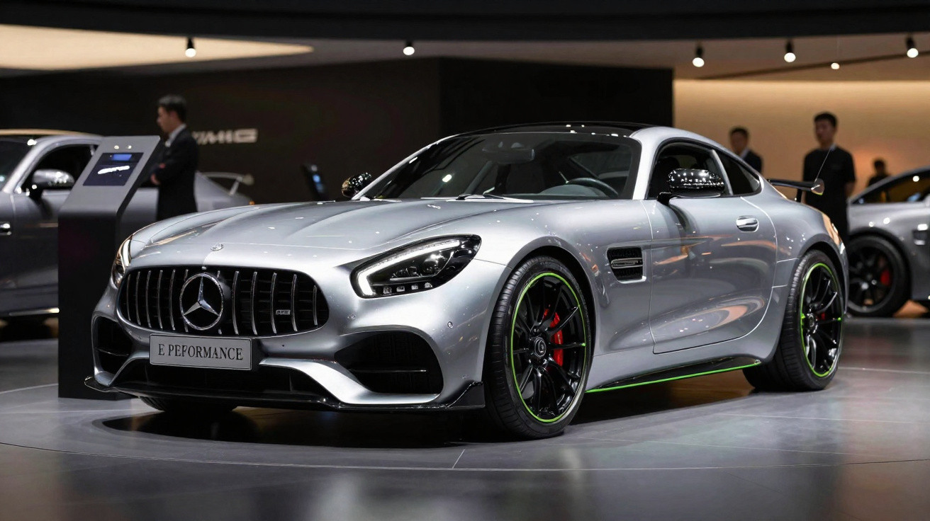 Carro esportivo prata Mercedes-AMG GT com detalhes verdes em exposição em salão automotivo.
